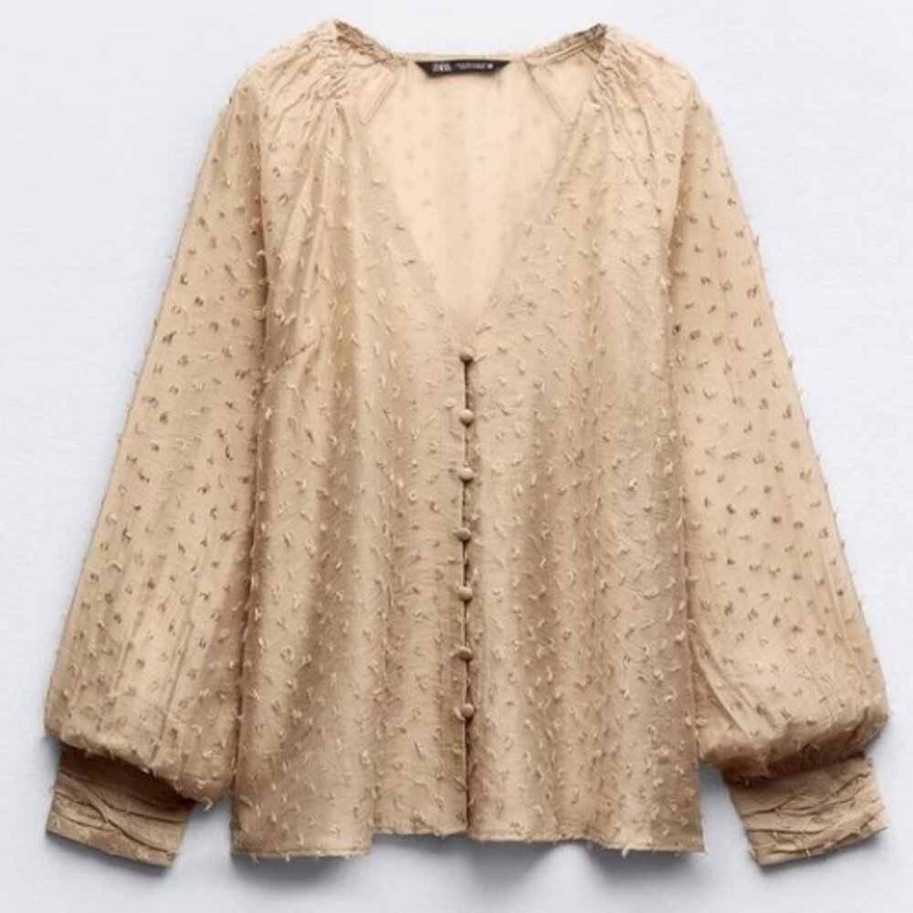 Zara Semi-Sheer Dotted Mesh Blouse LARGE